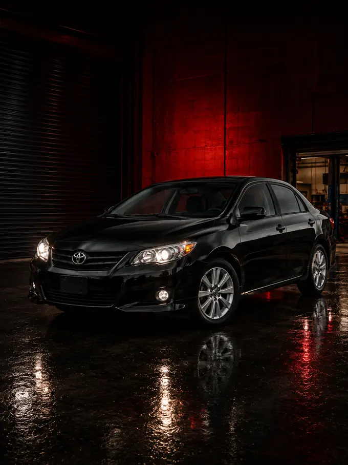Black sedan staged in a dark service bay.