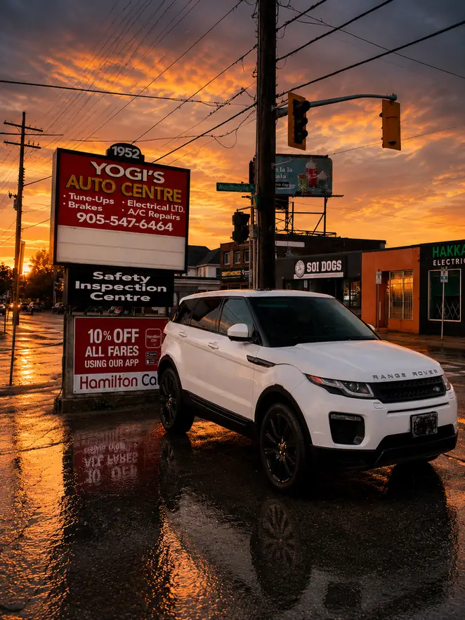 Yogi's Auto Centre roadside sign and shop facade at sunset.